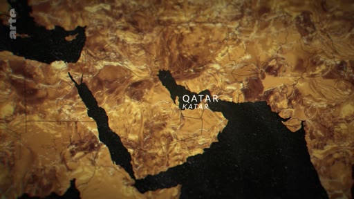 Une carte stylisée du Moyen-Orient localisant le Qatar, utilisée dans le documentaire Le paradoxe qatari pour illustrer la position géographique du pays dans la péninsule arabique.