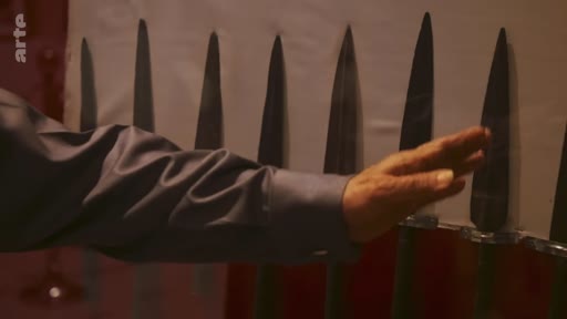 Une main humaine est présentée devant une rangée de pointes de lances ou d'armes anciennes exposées sur un support, illustrant une collection archéologique ou historique.