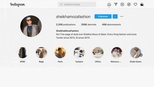 Capture d'écran du compte Instagram 'sheikhamozafashion', une page de fans dédiée au style vestimentaire de la Sheikha Moza du Qatar, montrant ses publications et ses stories à la une.