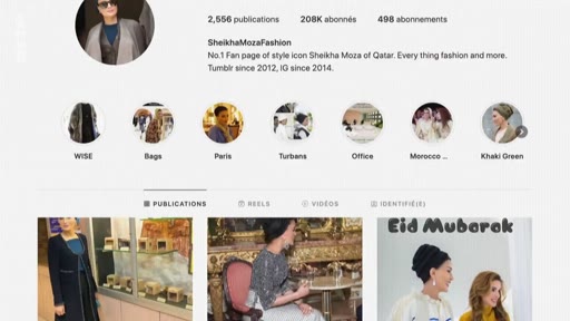 Capture d'écran du compte Instagram 'SheikhaMozaFashion', une page de fans consacrée au style et à la mode de la Sheikha Moza du Qatar, présentant des publications et des stories à la une.
