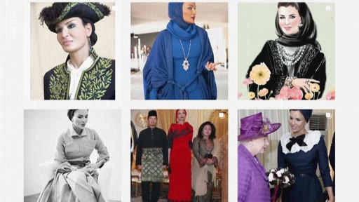 Un montage de six photographies montrant Sheikha Moza bint Nasser dans diverses tenues élégantes et lors d'événements officiels, incluant une rencontre avec la reine Elizabeth II.