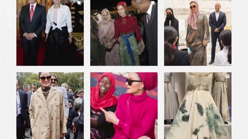 Une mosaïque de six images Instagram montrant Sheikha Moza bint Nasser dans différentes tenues élégantes lors d'apparitions publiques et d'événements officiels. Les clichés illustrent son style vestimentaire distinctif, incluant des robes, des manteaux et des accessoires, souvent accompagnée de dignitaires ou lors de visites.