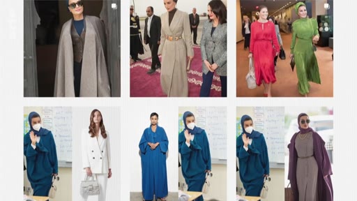 Un montage de photographies montrant la cheikha Moza bint Nasser dans diverses tenues élégantes et traditionnelles lors de différentes apparitions publiques. Ces images illustrent son style vestimentaire distinctif et son rôle en tant que figure influente au Qatar.