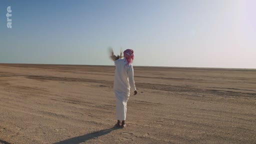 Un homme portant une thobe blanche et un keffieh pratique la fauconnerie dans une vaste étendue désertique. Cette scène illustre les traditions culturelles liées à la chasse au faucon dans les pays du Golfe.