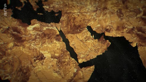 Une carte géographique stylisée mettant en évidence la péninsule arabique, la mer Rouge et le golfe Persique, utilisée dans un contexte documentaire ou informatif sur le Moyen-Orient.