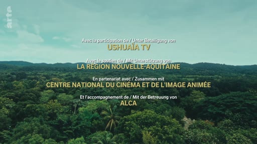 Générique de fin d'un documentaire sur la forêt, affichant les logos et noms des partenaires institutionnels tels que USHUAÏA TV, LA RÉGION NOUVELLE-AQUITAINE, le CENTRE NATIONAL DU CINÉMA ET DE L'IMAGE ANIMÉE et ALCA sur un fond de forêt tropicale.