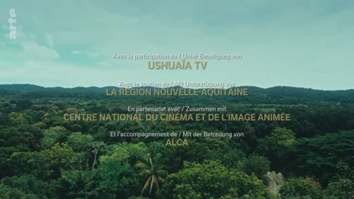 Carton de générique de fin avec les logos et mentions de partenaires institutionnels tels que USHUAÏA TV, LA REGION NOUVELLE-AQUITAINE, le CENTRE NATIONAL DU CINÉMA ET DE L'IMAGE ANIMÉE et ALCA, sur fond de forêt tropicale.