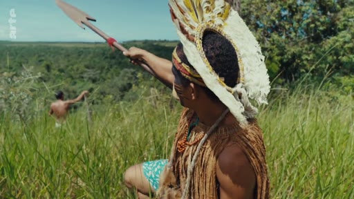 Un homme autochtone portant une coiffe traditionnelle et tenant une lance observe l'étendue de la forêt amazonienne au Brésil. Cette image illustre la lutte des peuples indigènes pour la préservation de leurs terres ancestrales face aux menaces environnementales.