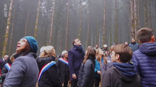 Le président français Emmanuel Macron visite une forêt brumeuse en compagnie d'élus locaux portant des écharpes tricolores, dans le cadre d'une initiative de plantation d'arbres.