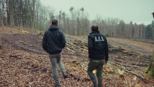 Deux hommes, dont l'un porte une veste marquée 'B.A.D.', inspectent une zone de coupe rase dans une forêt lors d'un reportage sur les pratiques sylvicoles.