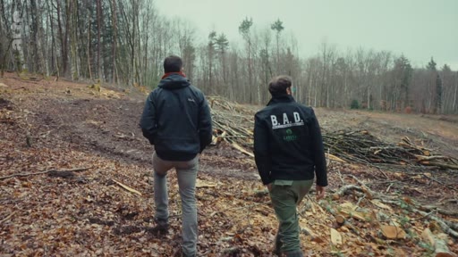 Deux hommes inspectent une zone de coupe rase dans une forêt, illustrant les pratiques de déforestation et la gestion forestière. L'un des hommes porte une veste avec l'inscription B.A.D.