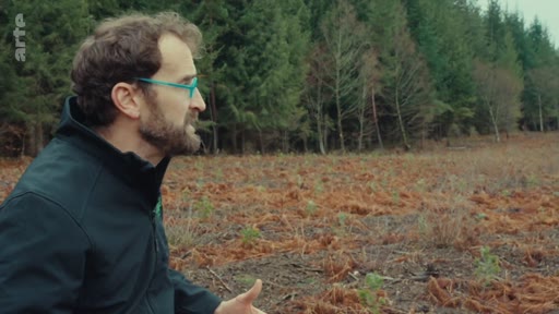 Un homme barbu portant des lunettes à monture bleue s'exprime en extérieur, devant une zone de forêt exploitée ou en cours de reboisement, dans le cadre d'un reportage sur l'opposition sociale à la sylviculture industrielle.