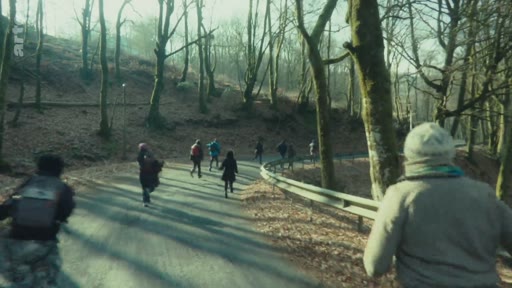 Un groupe de manifestants ou de personnes court sur une route goudronnée traversant le Bois du Chat, dans le cadre d'une action de terrain liée aux événements survenus sur place.