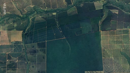 Vue aérienne montrant une mosaïque de parcelles agricoles et de zones forestières, illustrant l'expansion des plantations industrielles et la déforestation.