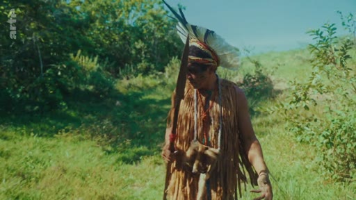 Un homme autochtone portant une coiffe en plumes et des vêtements en fibres végétales marche à travers une zone de végétation, illustrant la perspective indigène sur la préservation de la forêt.