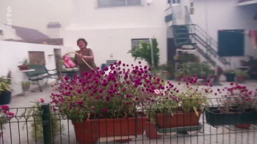 Une femme s'occupe de ses plantes dans un jardin privé, avec une maison en arrière-plan, illustrant la vie quotidienne dans une zone potentiellement menacée par les incendies.