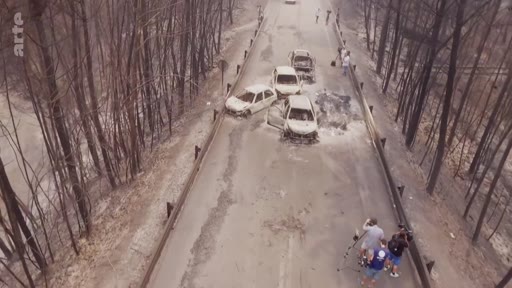 Vue aérienne montrant les restes de véhicules brûlés sur un pont au milieu d'une zone forestière dévastée par un incendie. Des journalistes et des techniciens sont présents sur les lieux pour filmer la scène.