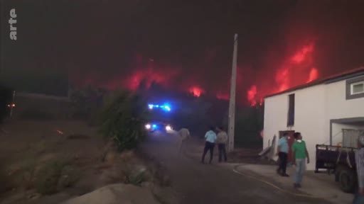 Des habitants observent un impressionnant incendie de forêt se propageant la nuit près de maisons, avec un véhicule de secours aux gyrophares allumés sur place. La scène illustre la menace directe des feux de forêt sur les zones résidentielles.