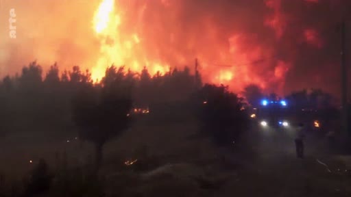 Des pompiers interviennent de nuit face à un violent incendie de forêt qui embrase la végétation. La scène illustre la lutte contre les feux de forêt et les risques environnementaux.