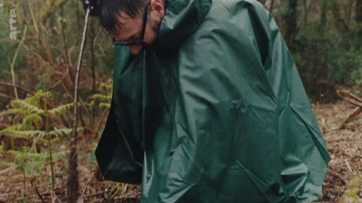 Un homme portant des lunettes et un poncho de pluie vert est en train de planter des arbres dans une zone forestière, illustrant les activités de reforestation et le travail en extérieur.
