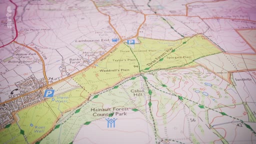 Une carte topographique montrant le Hainault Forest Country Park et ses environs, incluant des zones comme Wedrell's Plain et Cabin Hill, illustrant le contexte géographique d'un projet de reforestation.