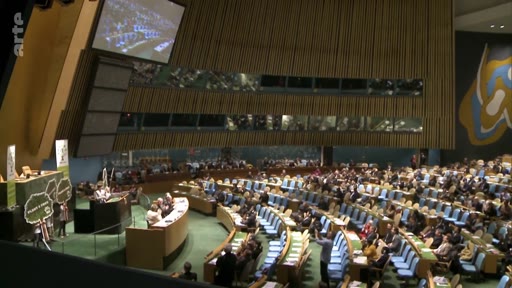 Vue d'ensemble de la salle de l'Assemblée générale des Nations Unies à New York lors d'une session plénière. La salle est remplie de délégués internationaux, illustrant les débats diplomatiques mondiaux sur des enjeux environnementaux.