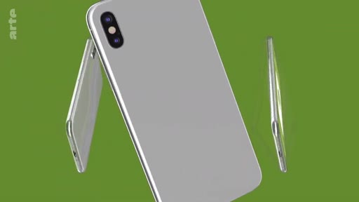Animation 3D illustrant un smartphone de type iPhone avec un double capteur photo, utilisée pour représenter les technologies mobiles et les enjeux numériques.