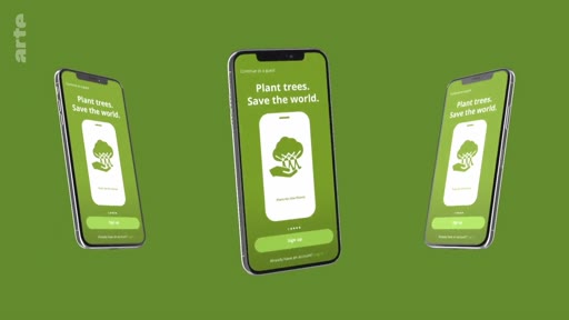 Une interface d'application mobile affichant le slogan 'Plant trees. Save the world.' illustrant des initiatives numériques pour la reforestation et la lutte contre le changement climatique.