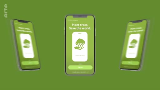 Une interface d'application mobile affichant le slogan 'Plant trees. Save the world.' illustrant des initiatives environnementales et de reforestation numérique.