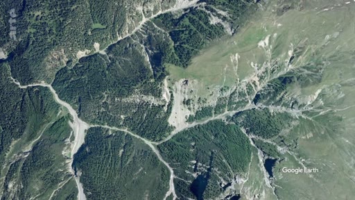 Vue satellite Google Earth montrant un paysage montagneux avec des zones forestières et des sentiers ou éboulis naturels. Cette image illustre la topographie et la couverture végétale d'un écosystème alpin.