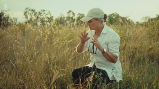 Une femme portant une casquette et une chemise blanche s'exprime en faisant des gestes explicatifs au milieu d'une prairie, dans le cadre d'un reportage sur les enjeux environnementaux.