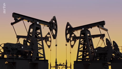 Vue d'ensemble de plusieurs pompes à balancier en activité sur un champ pétrolifère lors d'un coucher de soleil, illustrant l'industrie des énergies fossiles et les enjeux climatiques.