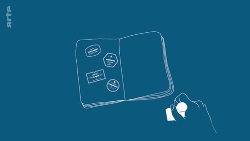 Une illustration graphique représentant un passeport ouvert avec plusieurs tampons de pays, symbolisant les voyages internationaux et la mobilité dans le contexte de la stratégie de compensation carbone.