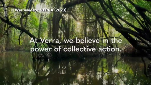 Une image illustrant une forêt tropicale avec le texte promotionnel de Verra (2023) sur la puissance de l'action collective. Cette séquence est issue d'une vidéo de communication de l'organisation Verra concernant les crédits carbone.
