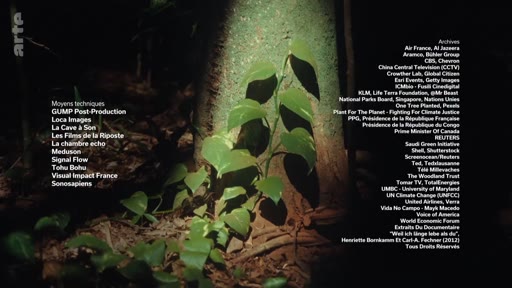 Générique de fin du documentaire diffusé sur Arte, listant les moyens techniques et les archives utilisées, incluant des organisations comme Air France, Al Jazeera, et le World Economic Forum.