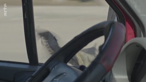 Vue subjective depuis le poste de conduite d'un véhicule circulant dans une zone de conflit, montrant un paysage désolé à travers la vitre latérale. Le logo de la chaîne Arte est visible en haut à gauche de l'image.