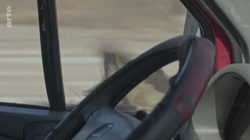 Vue subjective depuis le poste de conduite d'un véhicule circulant dans une zone de guerre ou un environnement dévasté, montrant le volant et le paysage extérieur flou à travers la vitre.