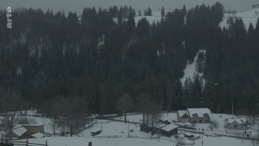 Vue aérienne d'un paysage rural montagneux recouvert de neige, avec des habitations isolées et une forêt dense de conifères en arrière-plan.