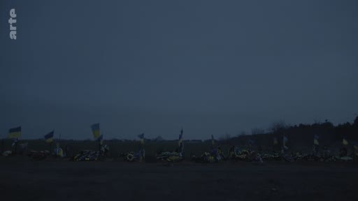 Vue d'ensemble d'un mémorial ou d'un site de sépultures marqué par de nombreux drapeaux ukrainiens, illustrant les conséquences de la guerre en Ukraine. L'image, prise à la tombée de la nuit, souligne une atmosphère de recueillement et de commémoration.