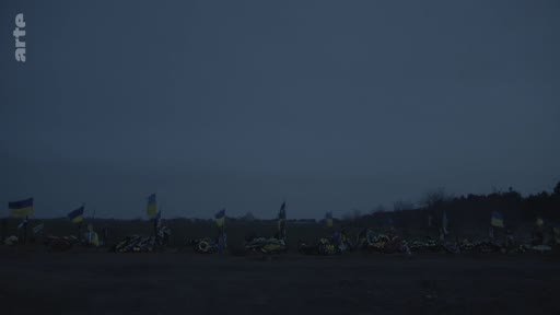 Vue d'ensemble de drapeaux ukrainiens plantés dans un champ sombre, évoquant un mémorial ou le site d'un conflit récent en Ukraine. L'image illustre le souvenir des victimes de la guerre dans un paysage crépusculaire.