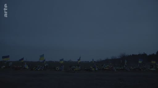 Vue d'ensemble d'un site commémoratif en Ukraine, marqué par de nombreux drapeaux ukrainiens plantés dans le sol au crépuscule, illustrant les conséquences de la guerre.