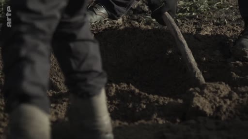 Des individus, vêtus de vêtements de travail et de gants, utilisent une pelle pour creuser la terre dans le cadre d'une opération d'exhumation et de recherche de preuves médico-légales.