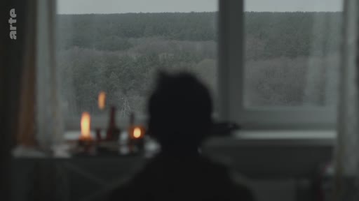 Une silhouette d'enfant est vue de dos, assise devant une fenêtre donnant sur une forêt sombre, avec des bougies allumées sur une table au premier plan, évoquant une atmosphère de recueillement ou de deuil.