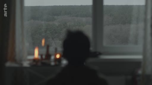 Une silhouette d'enfant est vue de dos, observant un paysage forestier à travers une fenêtre, avec des bougies allumées au premier plan, évoquant une atmosphère de recueillement ou de deuil.