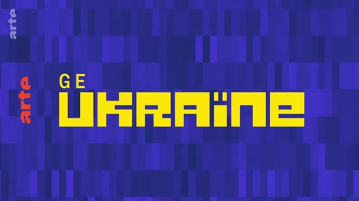 Carton de titre graphique affichant le mot 'UKRAINE' en lettres jaunes sur un fond bleu texturé, utilisé comme générique pour une émission sur l'Ukraine.