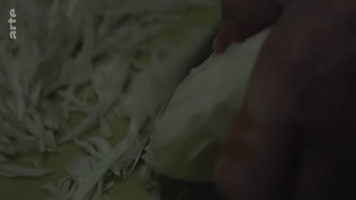 Une personne prépare des légumes en coupant du chou en fines lamelles dans une cuisine à Londres, illustrant le quotidien d'une grand-mère.