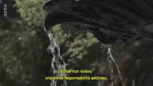Gros plan sur une fontaine sculptée en forme de tête d'aigle, avec de l'eau qui s'écoule, accompagnée d'un sous-titre en italien sur les responsabilités.