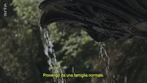 Gros plan sur une fontaine ancienne avec une sculpture en forme de tête d'aigle ou d'oiseau, d'où s'écoule de l'eau. Une sous-titre en italien indique 'Provengo da una famiglia normale'.