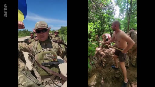 Des soldats ukrainiens sont filmés dans deux séquences distinctes : l'une montrant un groupe en tenue de combat avec un drapeau ukrainien, et l'autre montrant des hommes torse nu creusant des tranchées dans une zone boisée.