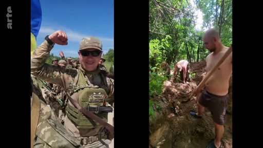 Des soldats ukrainiens en tenue de combat posent pour une photo, tandis qu'une autre séquence montre des militaires creusant des tranchées dans une zone boisée. Ces images illustrent le quotidien et la préparation des troupes ukrainiennes sur le front.